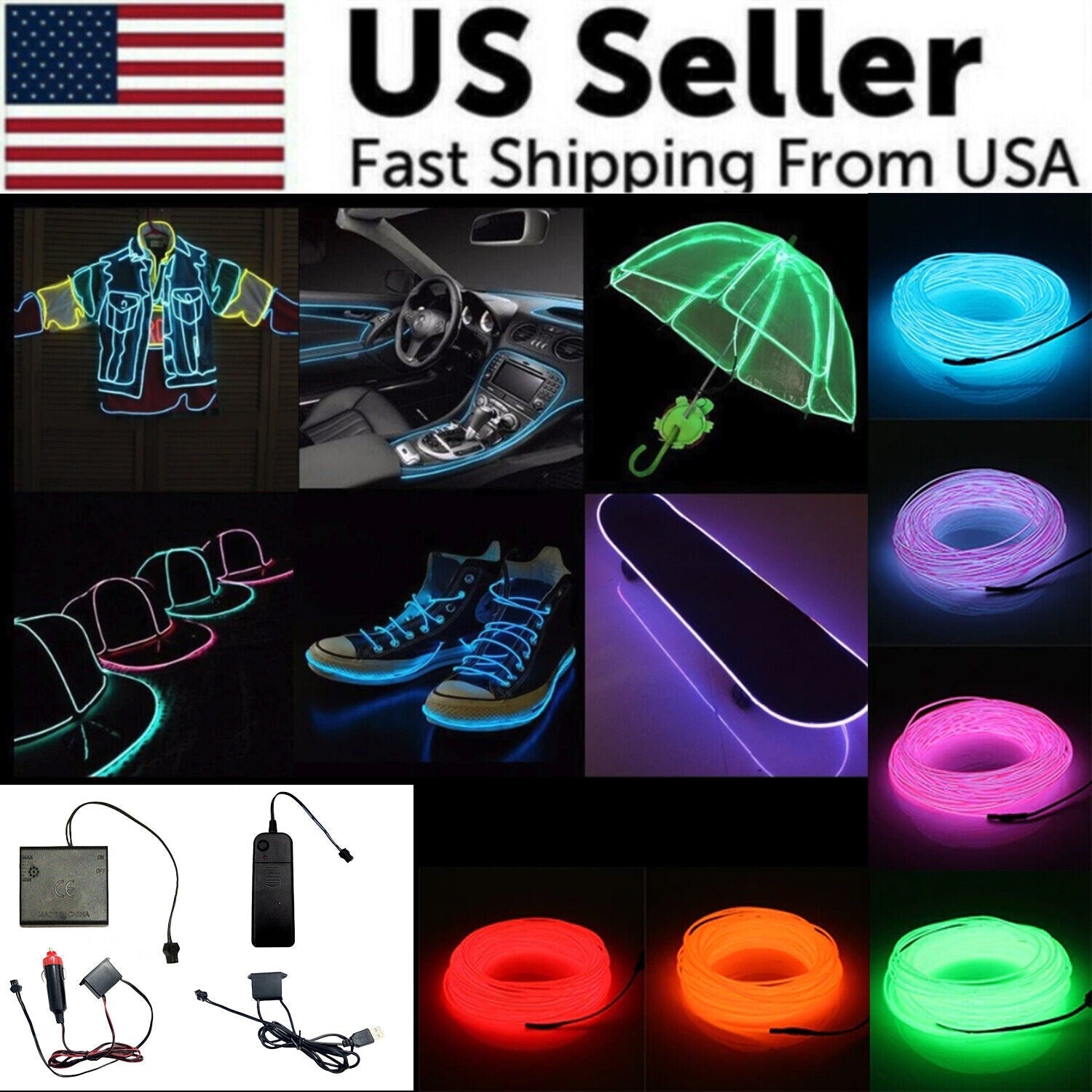 Neon Glow EL Wire Light Strip for Car and Party Decor